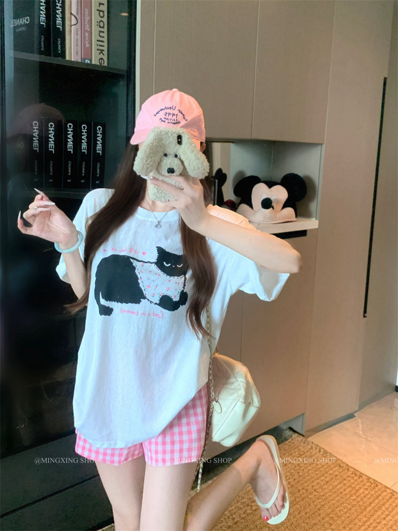 💕居家貓咪印花圓領T+格子短褲兩件套