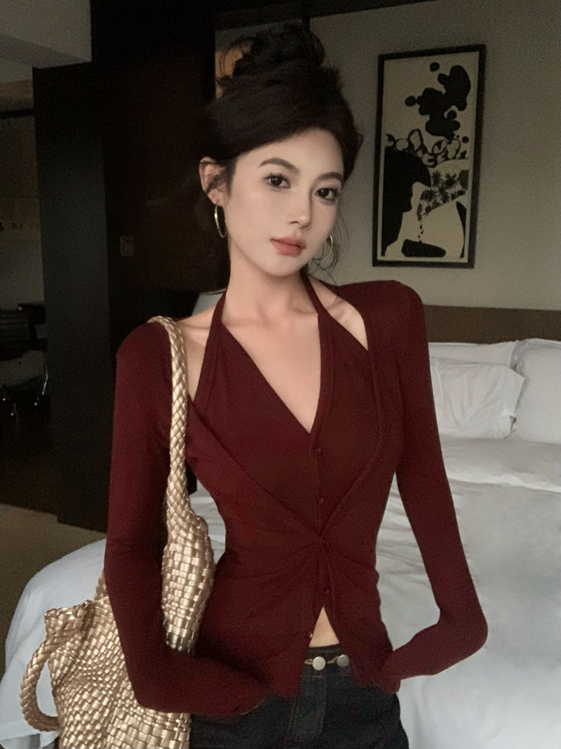 💕秋冬性感吊帶掛脖顯瘦假兩件打底上衣