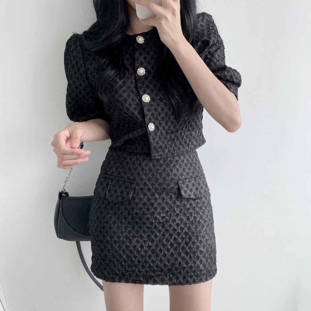 💕韓系chic輕熟小香風開衫上衣+高腰半身裙兩件套