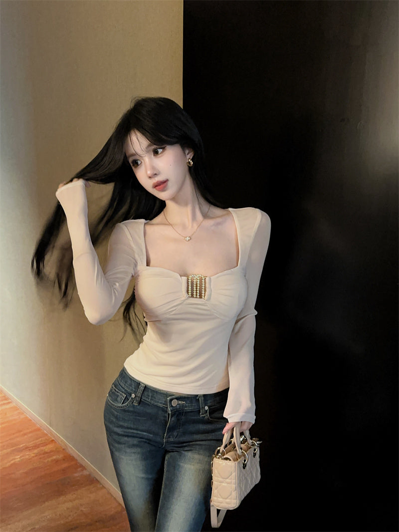 💕秋季性感純欲紗網金扣顯瘦上衣