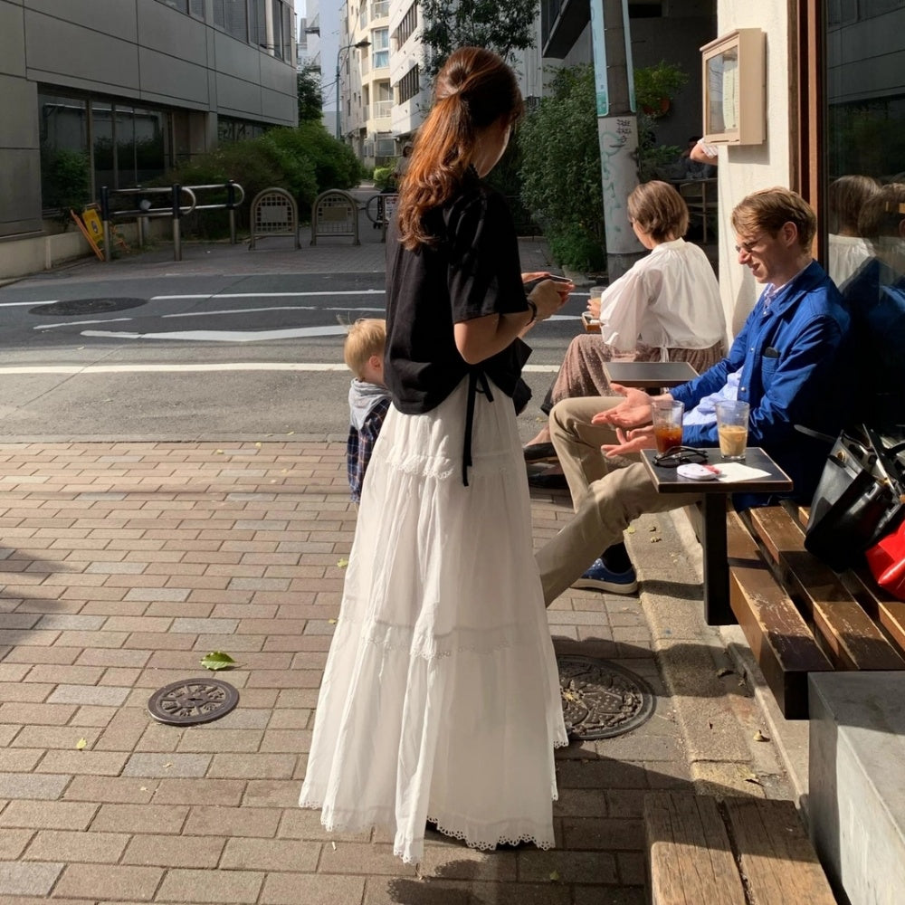 💕韓系東大門復古高腰拼接蕾絲邊蛋糕休閒長裙