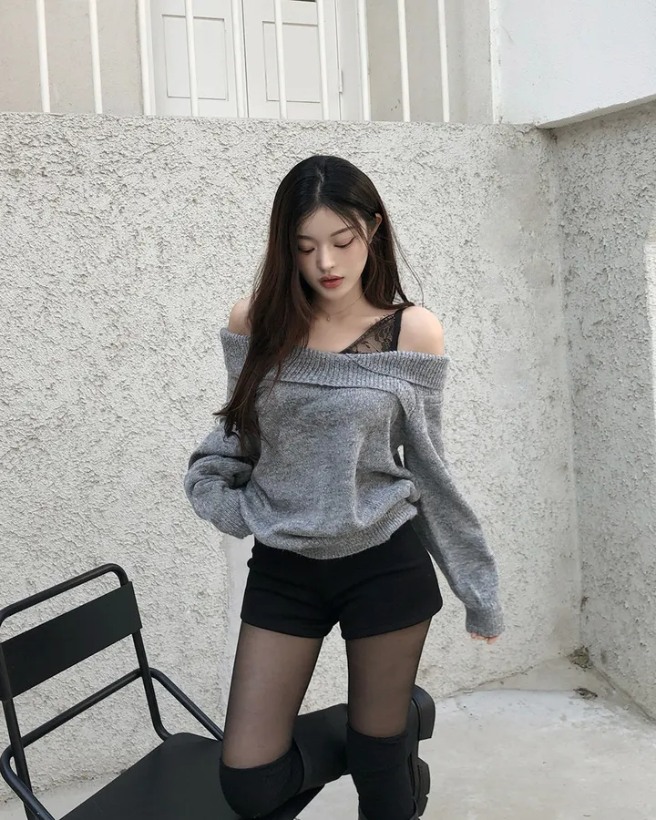 💕chic秋季假兩件蕾絲花邊打底一字肩針織上衣