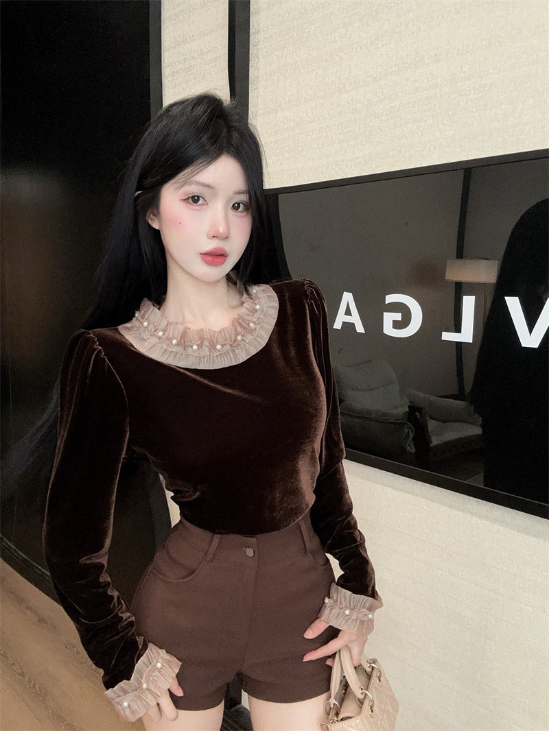 💕chic韓系小個子泡泡袖絲絨上衣