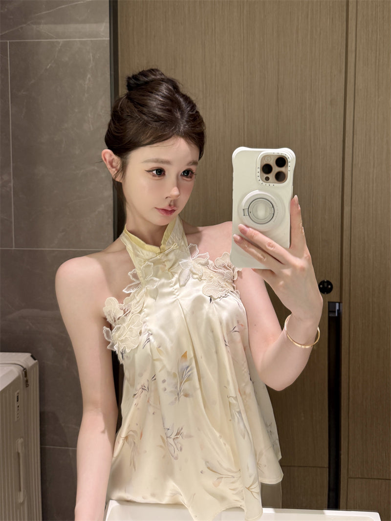 💕新中式千金立體花辮掛脖背心上衣