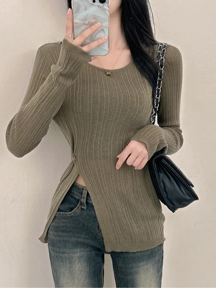 💕韓系春秋顯瘦設計感收腰開衩長袖上衣