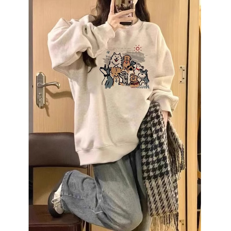 💕簡約時尚狗勾合集印花圓領長袖大學T