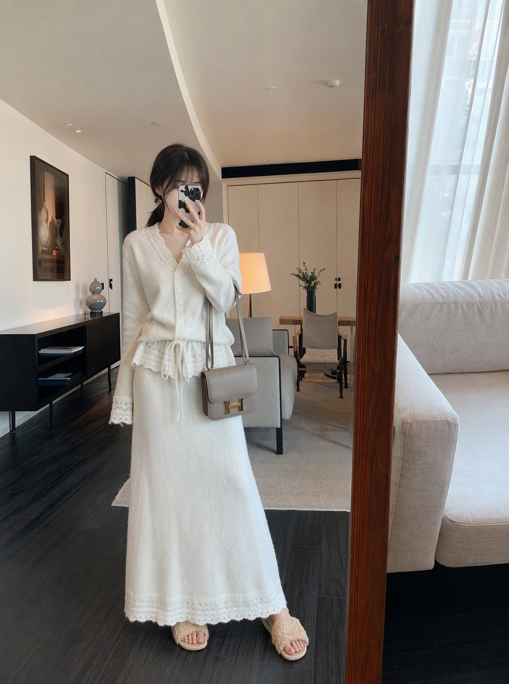 💕韓系溫柔V領長袖羊毛針織兩件套