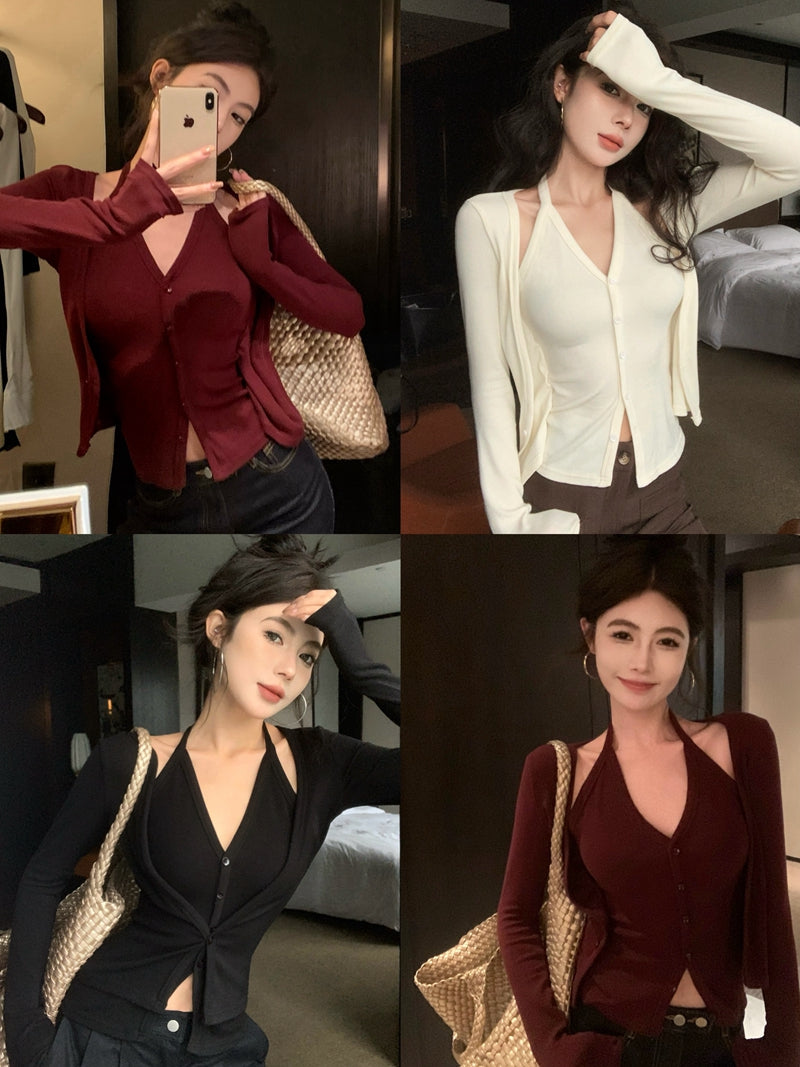 💕秋冬性感吊帶掛脖顯瘦假兩件打底上衣