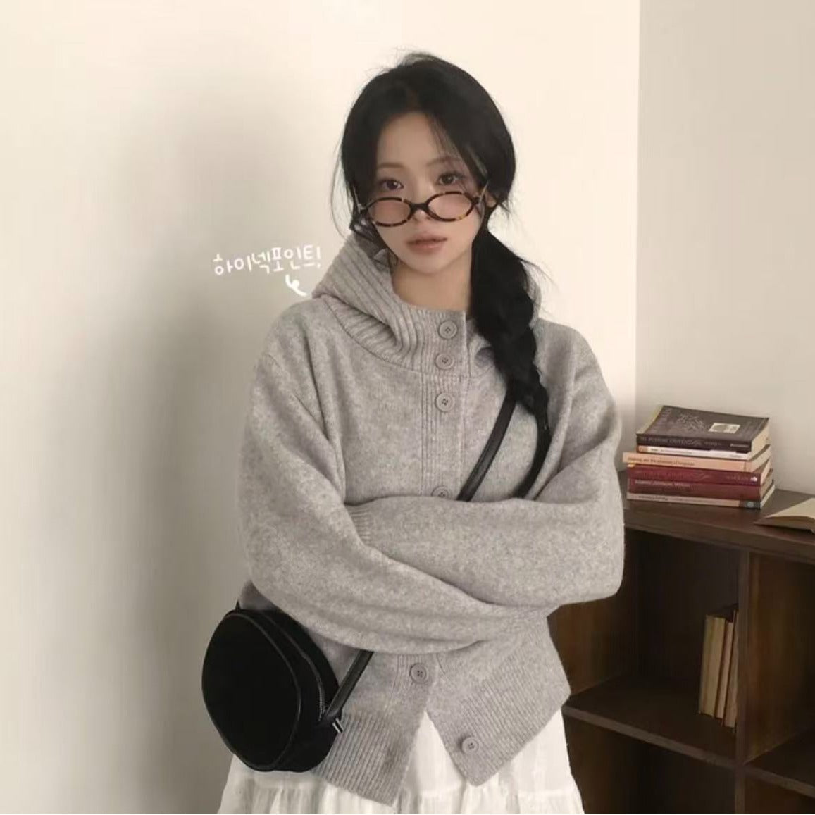 💕韓系軟糯慵懶復古扣連帽針織開衫