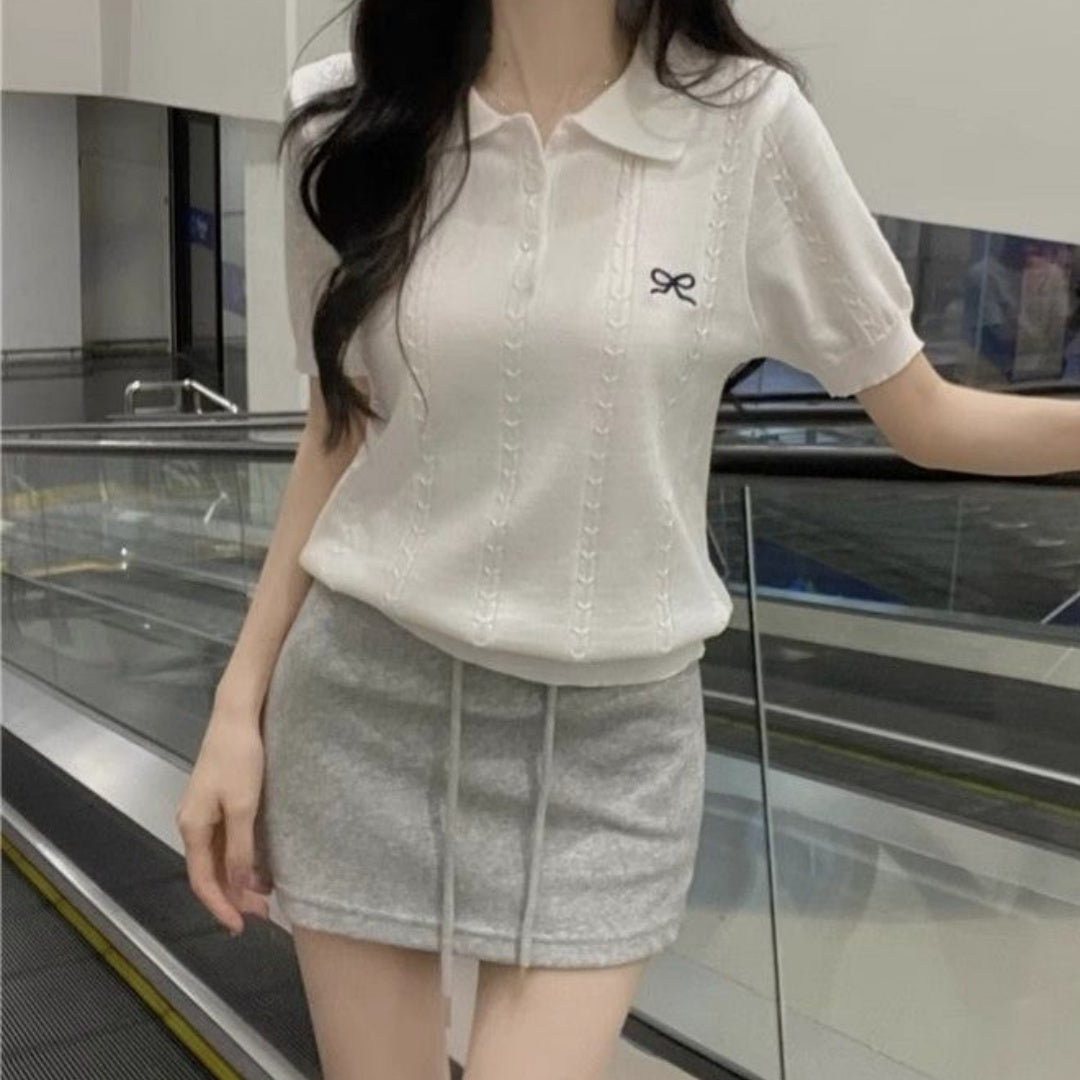 💕百搭甜美POLO領蝴蝶結刺繡針織衫