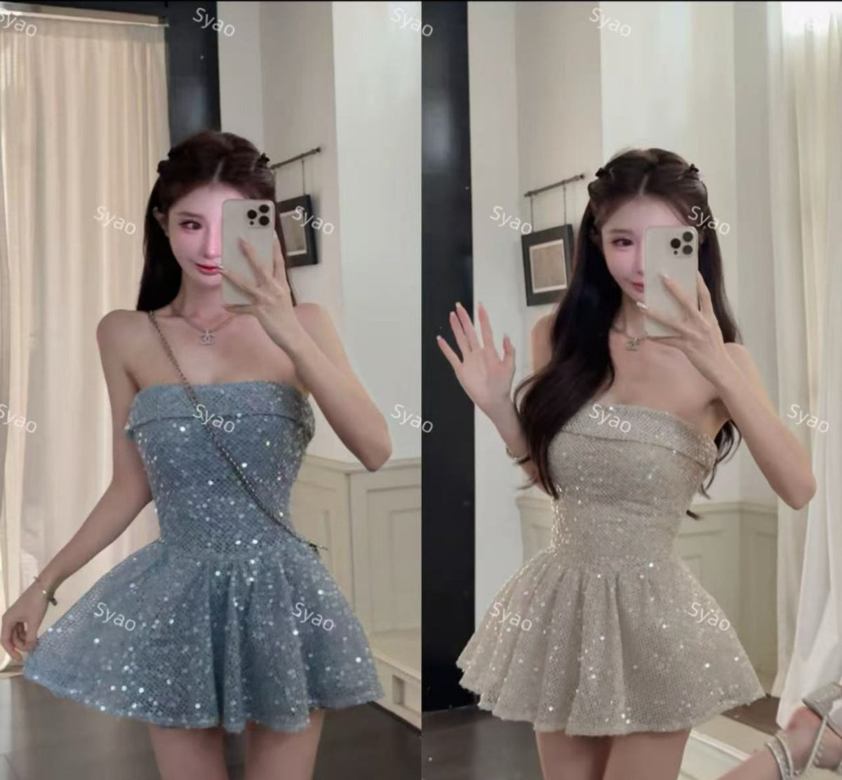 💕銀河碎夢小香風珠片澎澎收腰短裙