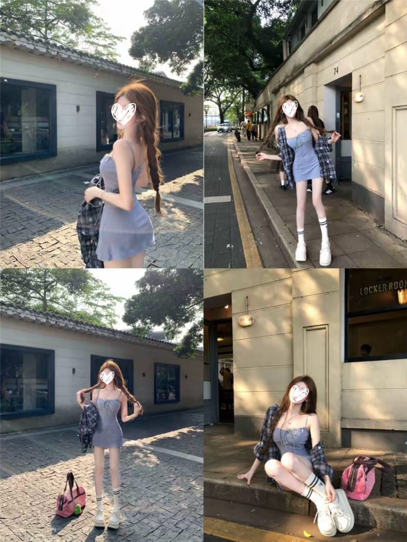 💕ins系慵懶假日格子襯衫吊帶連衣裙
