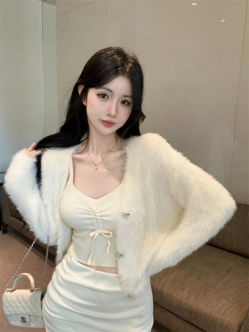 💕法式仿貂毛V領針織吊帶兩件套