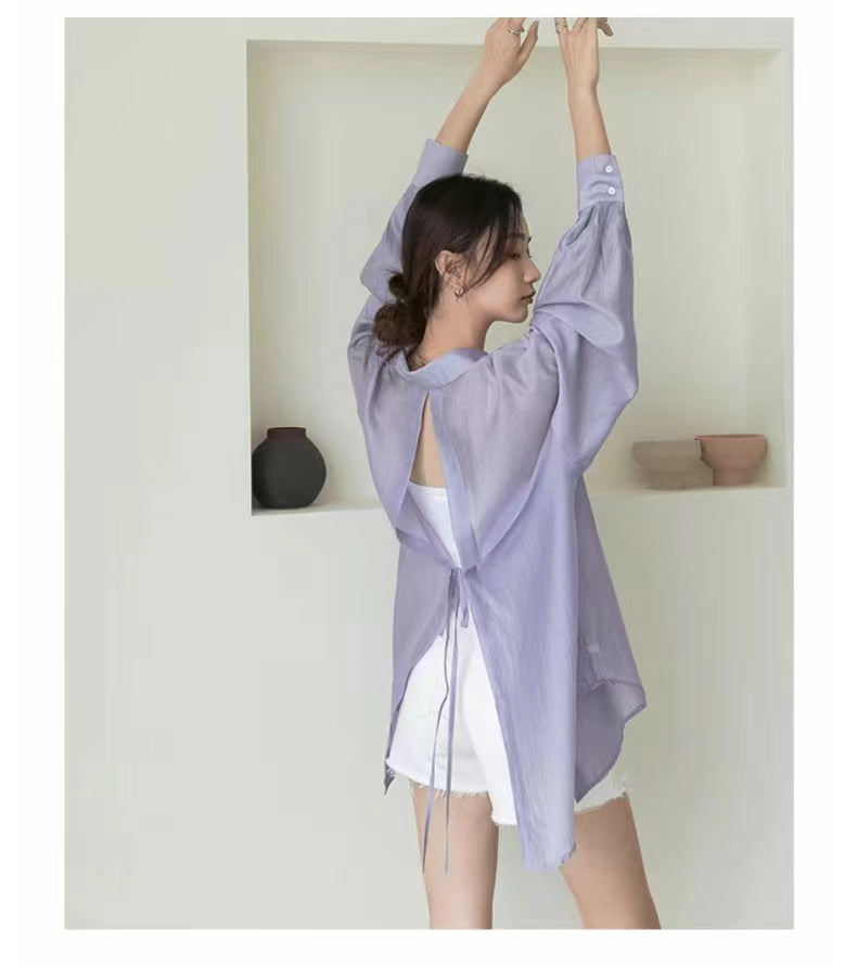 💕夏季天絲小眾薄款開衩防曬襯衫
