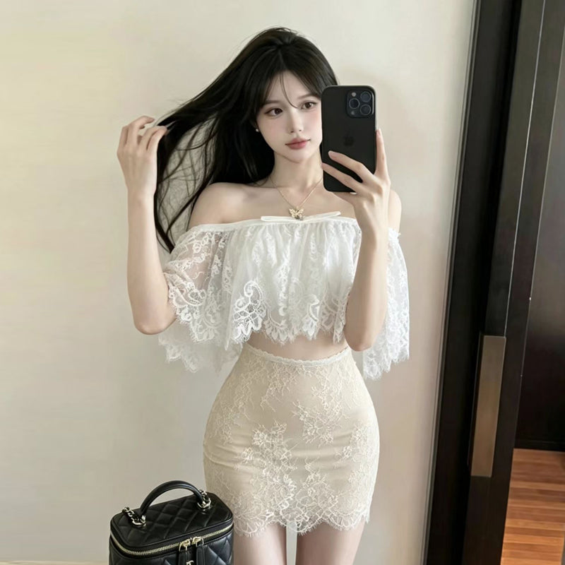 💕絕美白色蕾絲抹胸上衣配高腰包臀短裙套裝