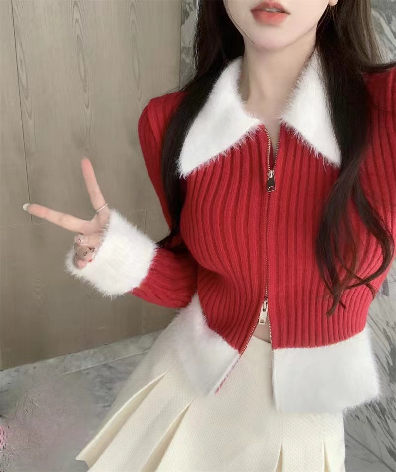 💕氣質短款polo毛毛領針織拉鍊修身上衣