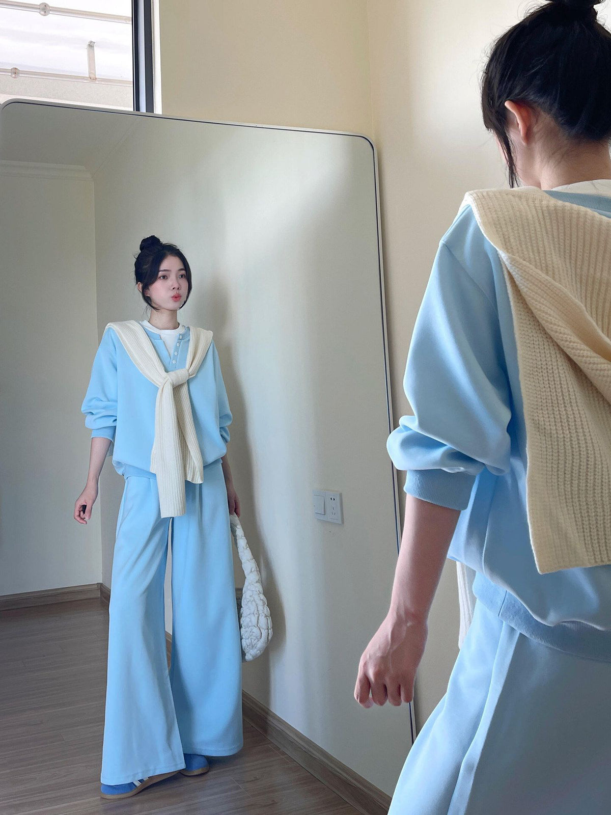 💕高級感毛織披肩霧霾藍休閒兩件套