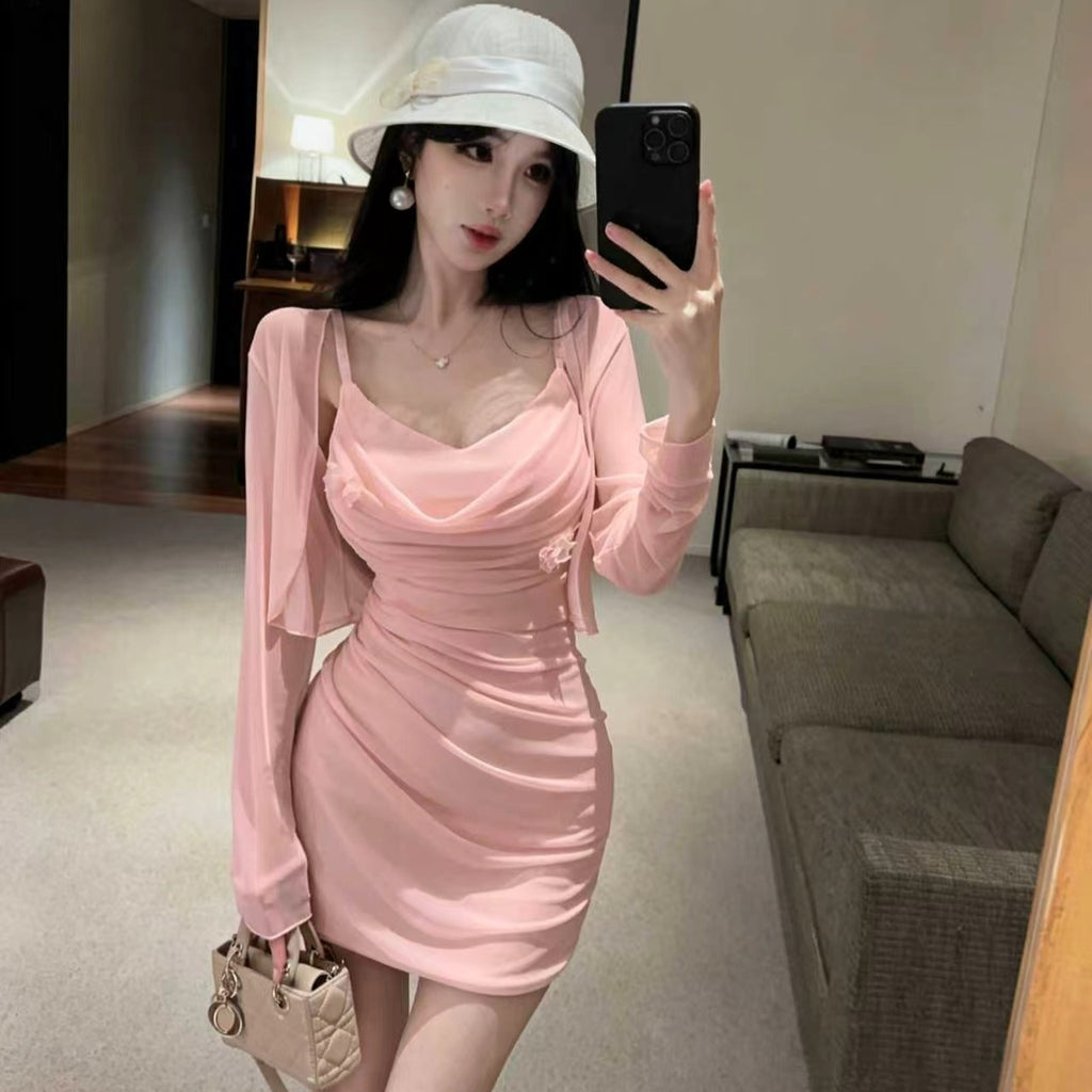 💕甜美性感褶皺修身吊帶連衣裙+開衫