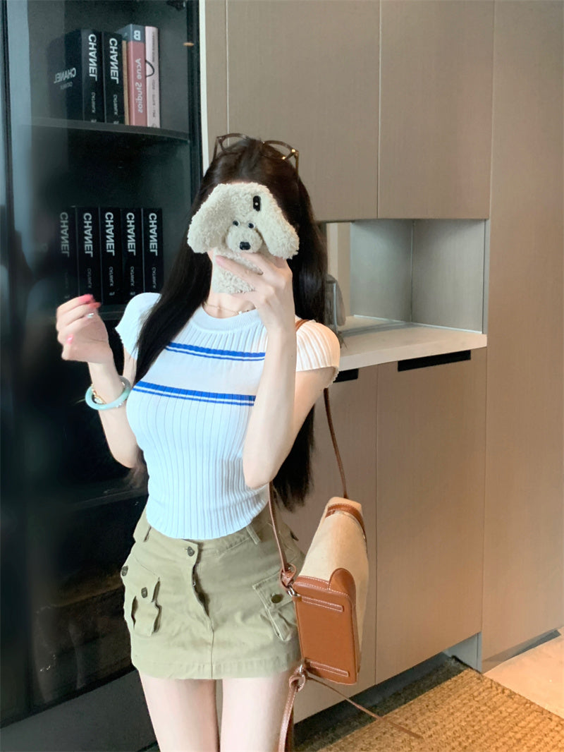 💕撞色條紋短袖針織圓領上衣