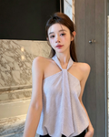 💕氣質掛脖黑白條紋抹胸花苞無袖上衣