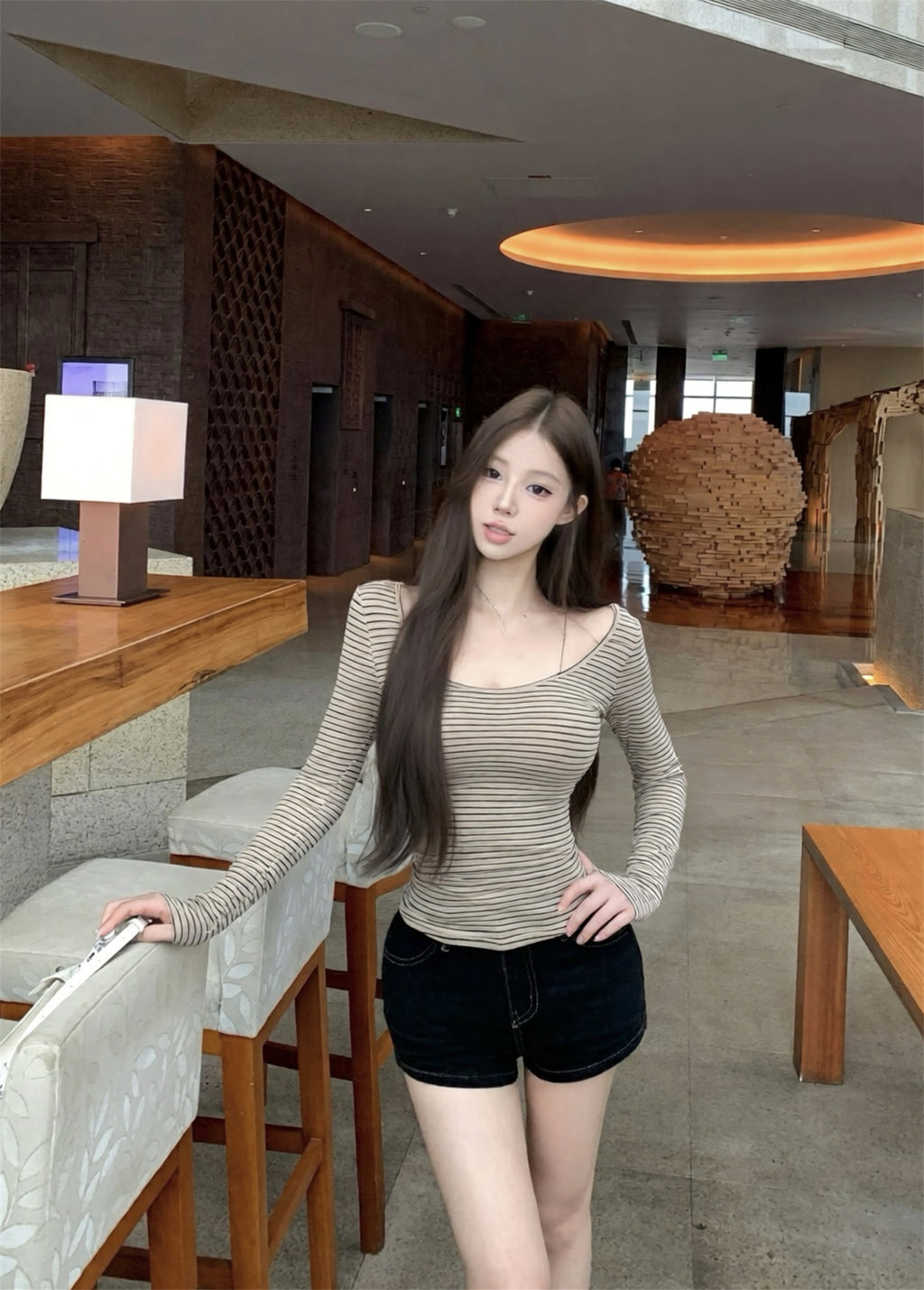 💕春秋親膚簡約顯瘦條紋長袖上衣