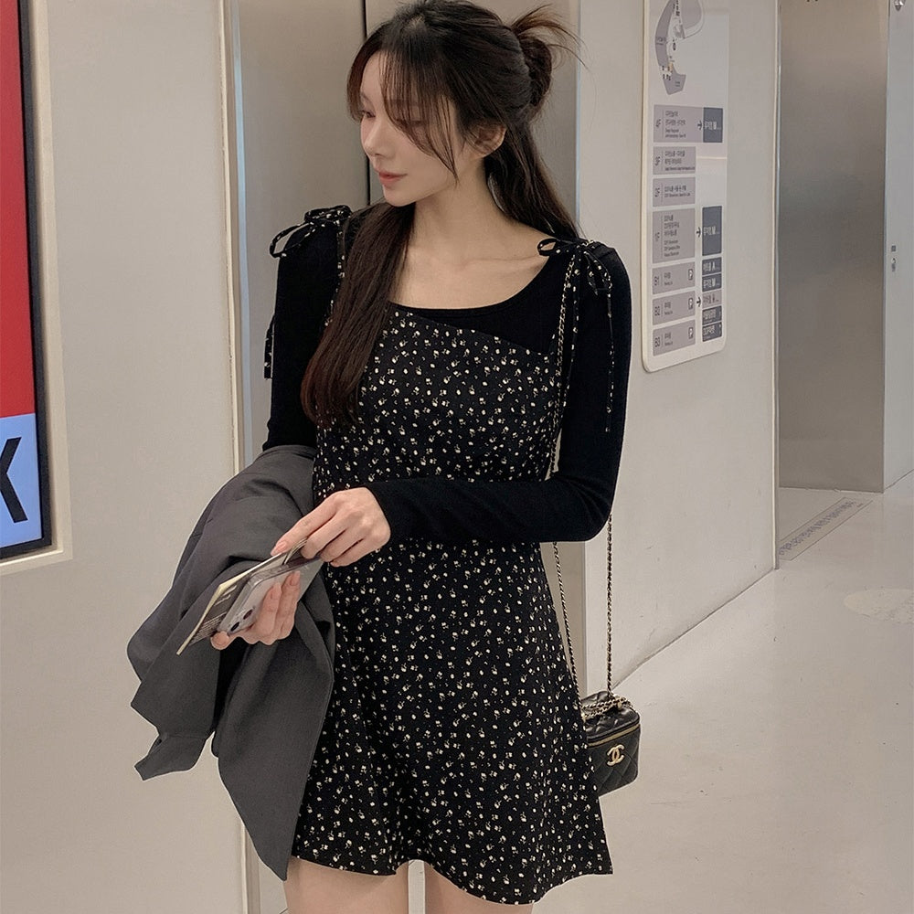 💕韓系氣質甜美休閒百搭碎花系帶小個子連衣吊帶裙