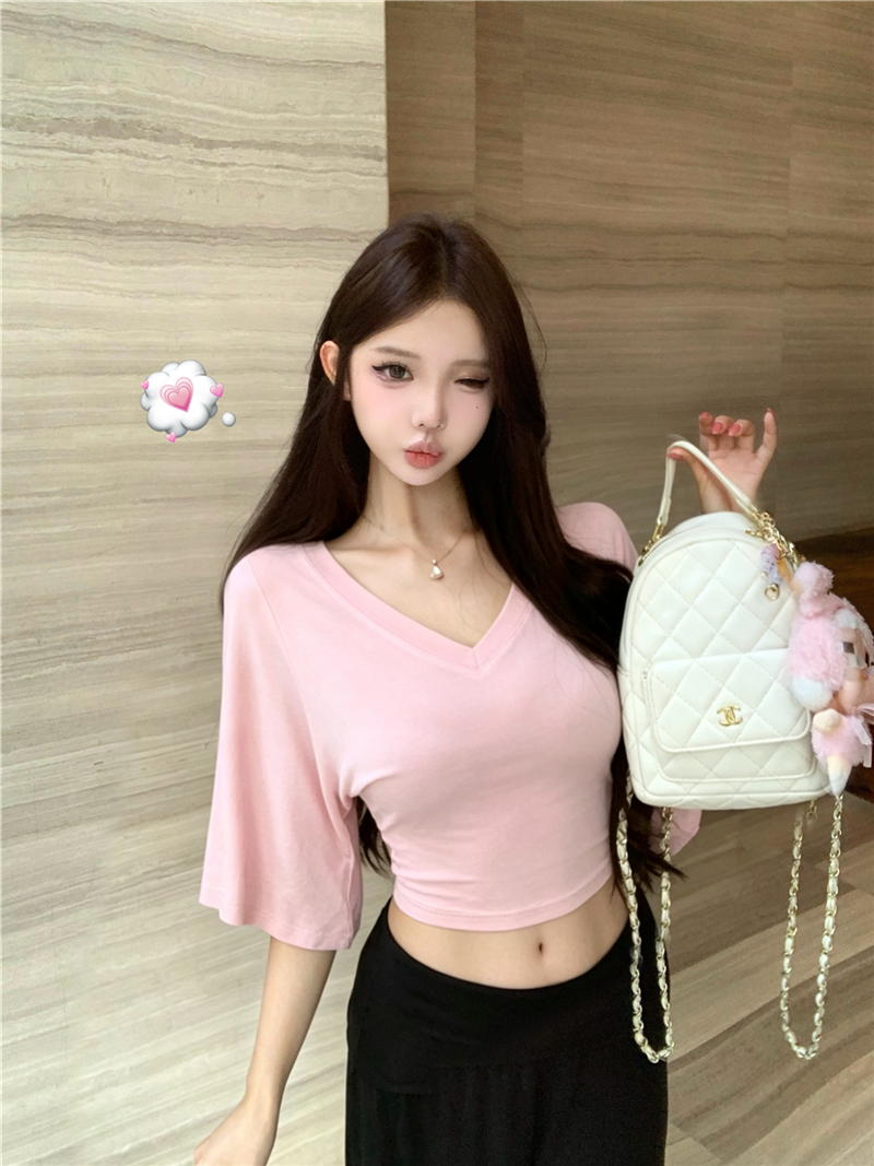 💕慵懶風V領收腰顯瘦蝙蝠袖上衣&直筒褲套裝