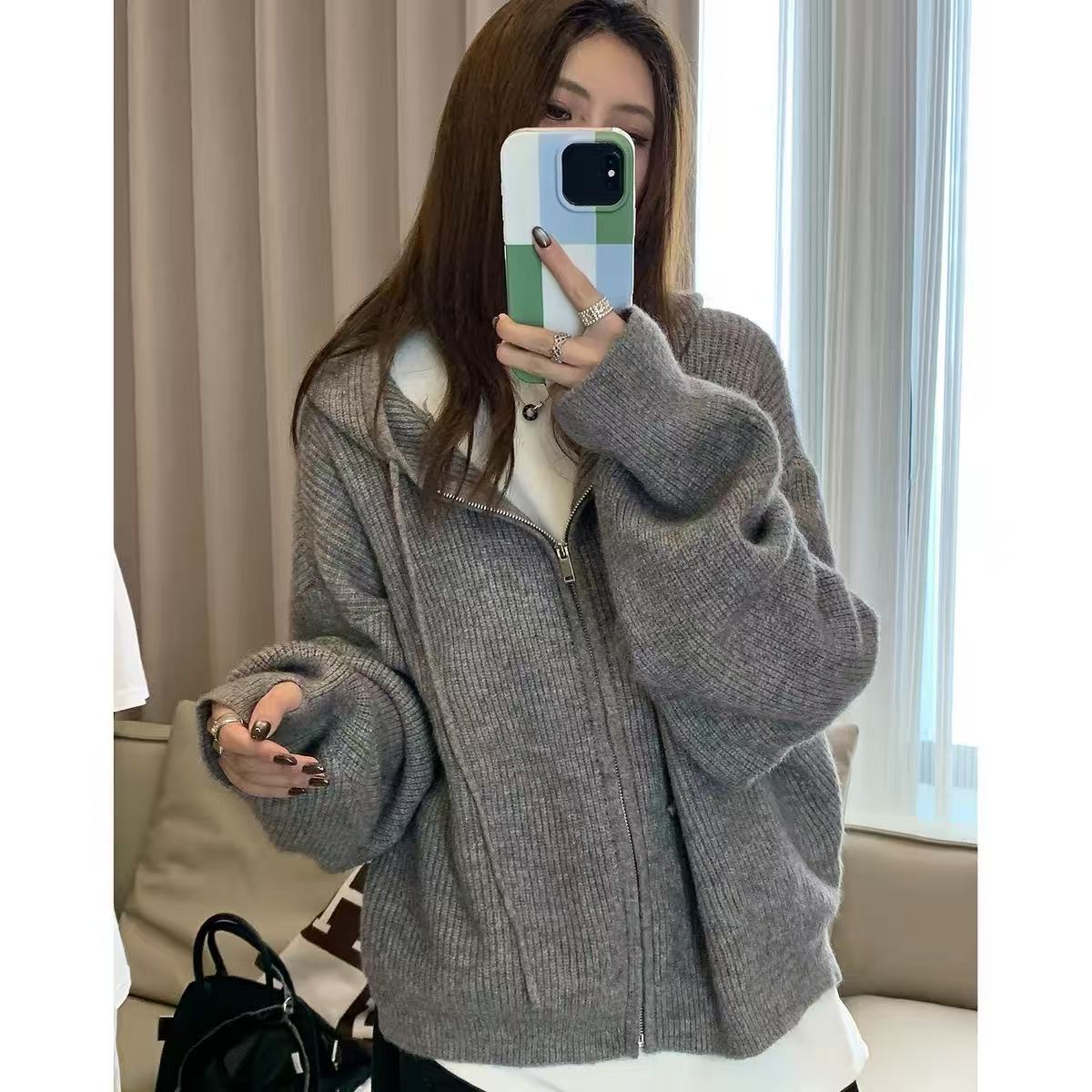 💕韓系慵懶連帽內搭針織拉鍊外套