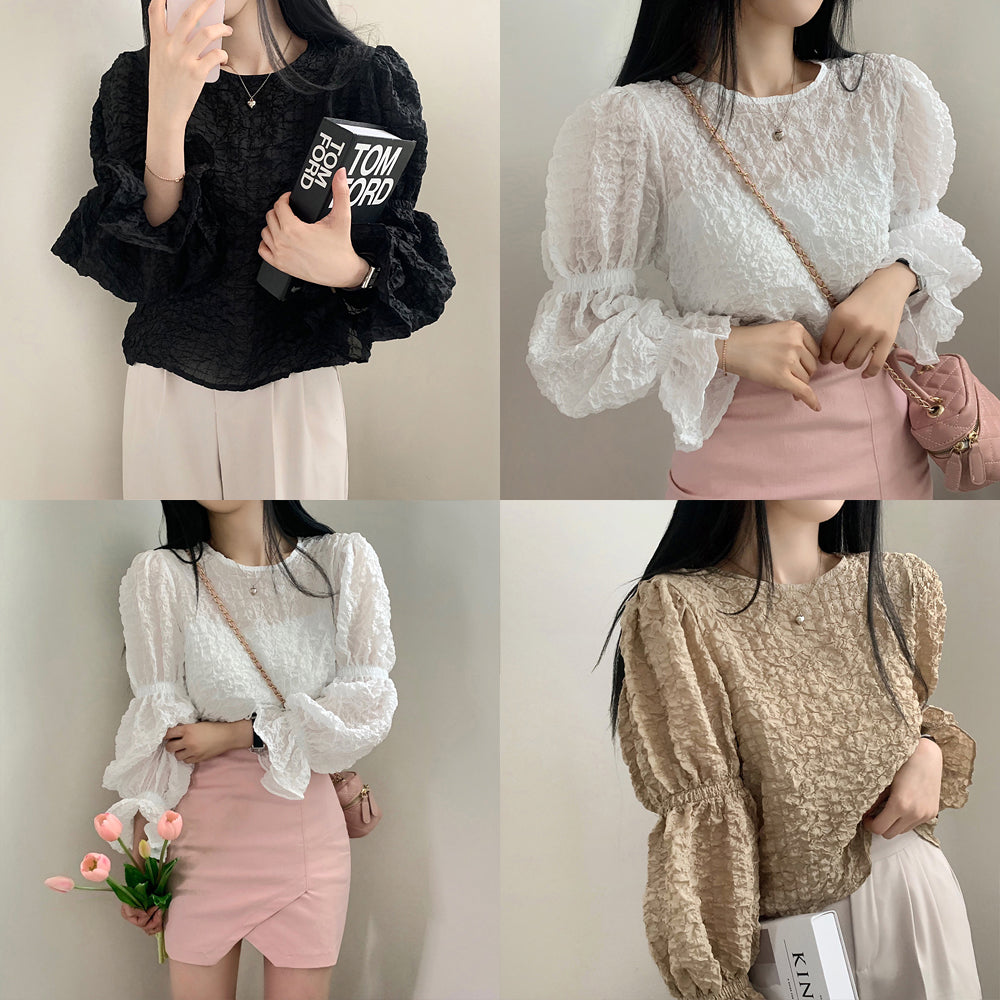 💕溫柔chic韓系泡泡皺褶圓領燈籠袖襯衫