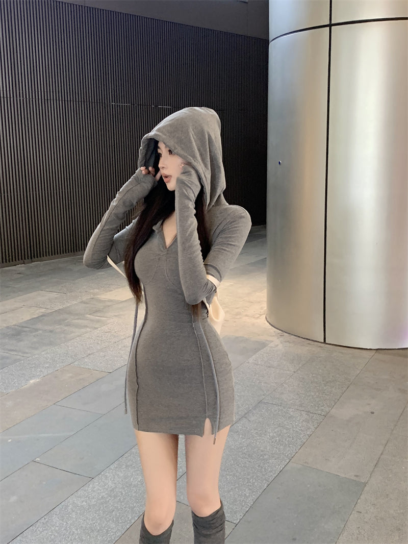 💕秋款連帽長袖收腰緊身包臀裙