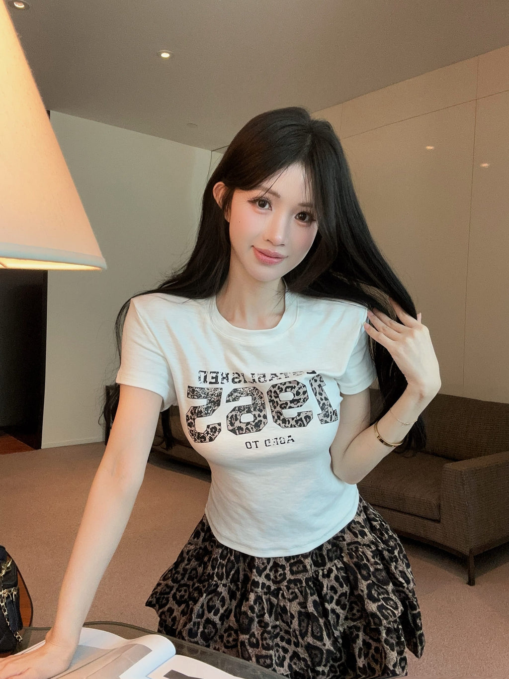 💕夏季豹紋印花圓領百搭短袖上衣