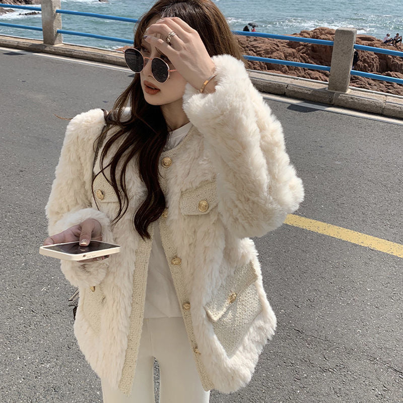 💕小香高級感仿兔毛加厚圓領外套