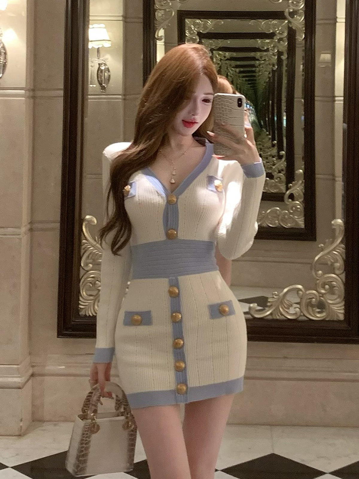 💕韓系針織千金小個子OL風連衣包臀裙