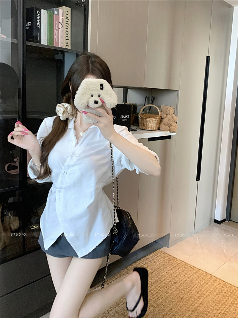 💕氣質拼接蕾絲皺褶綁帶襯衫v領上衣