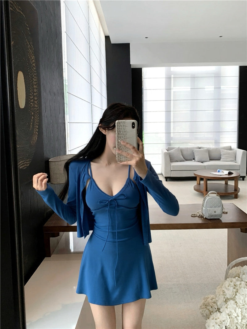 💕休閒氣質純色開衫收腰吊帶連衣裙兩件套