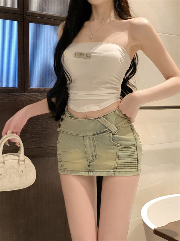 💕不規則緊身彈力刷舊牛仔短裙