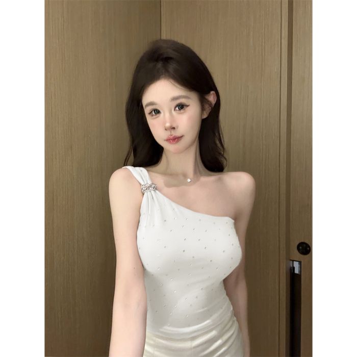 💕chic韓系性感斜肩燙鑽抹胸背心無袖上衣