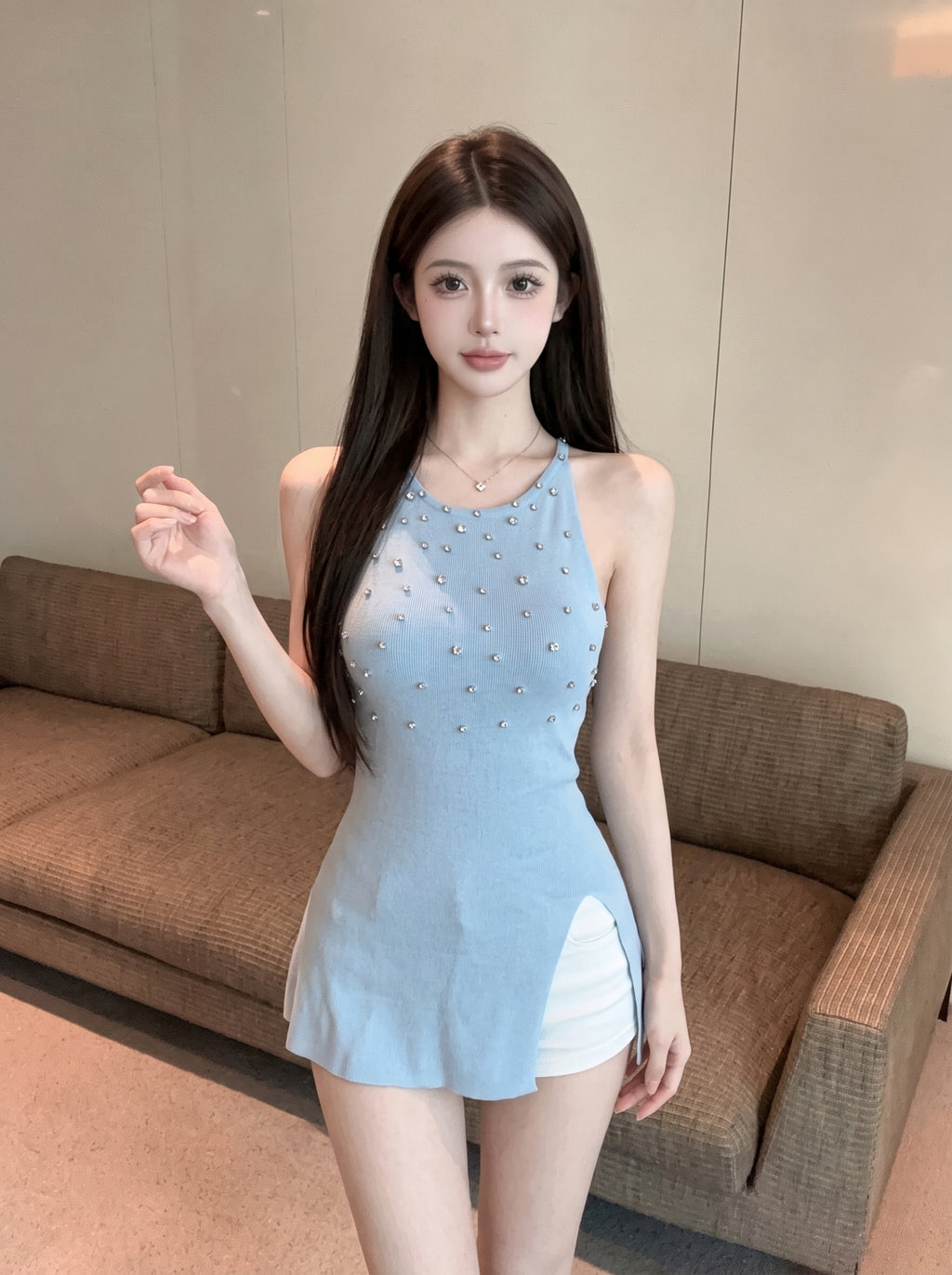 💕法式氣質重工鑲鑽掛脖針織無袖開衩收腰上衣