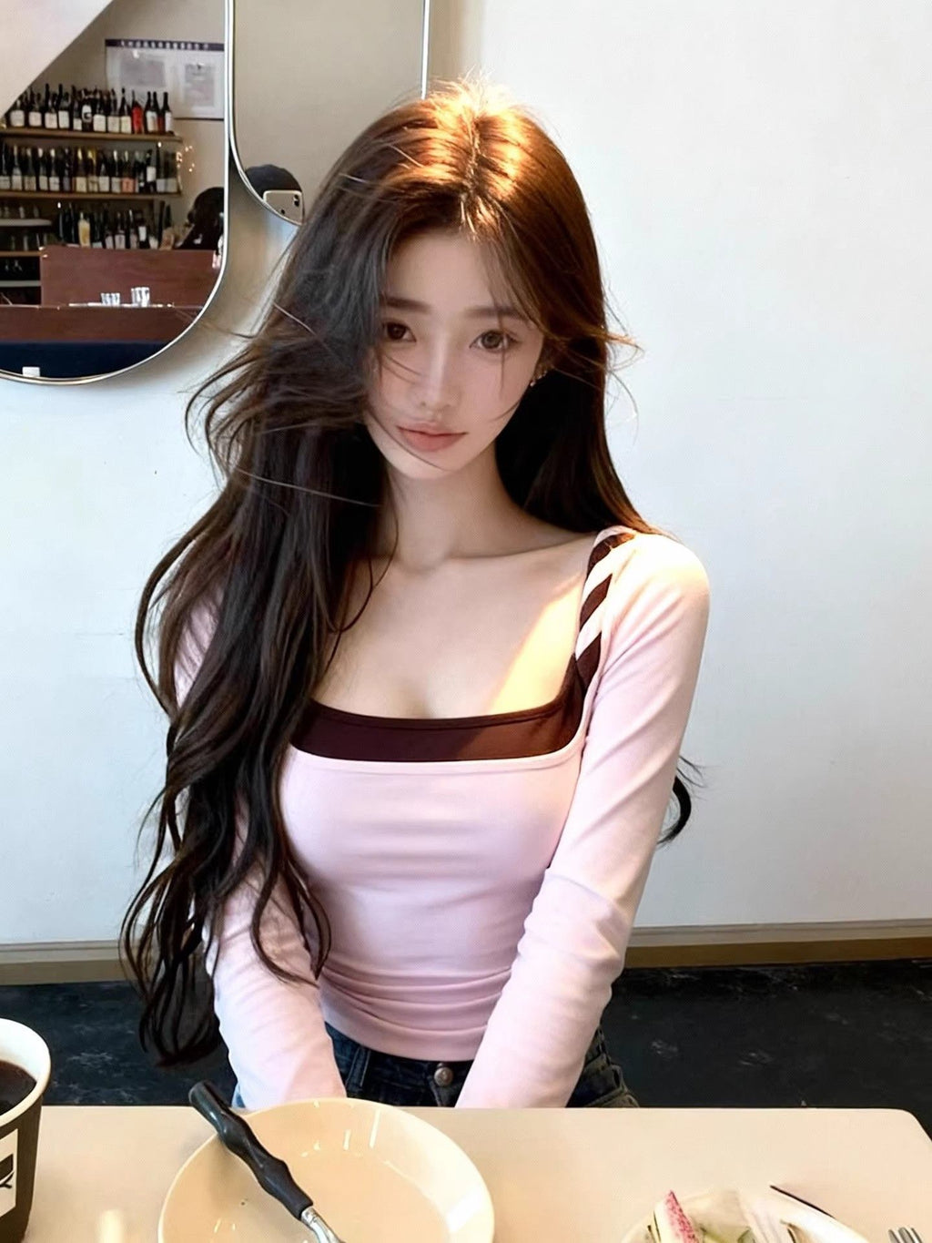 💕春秋法式撞色扭結假兩件修身打底長袖上衣
