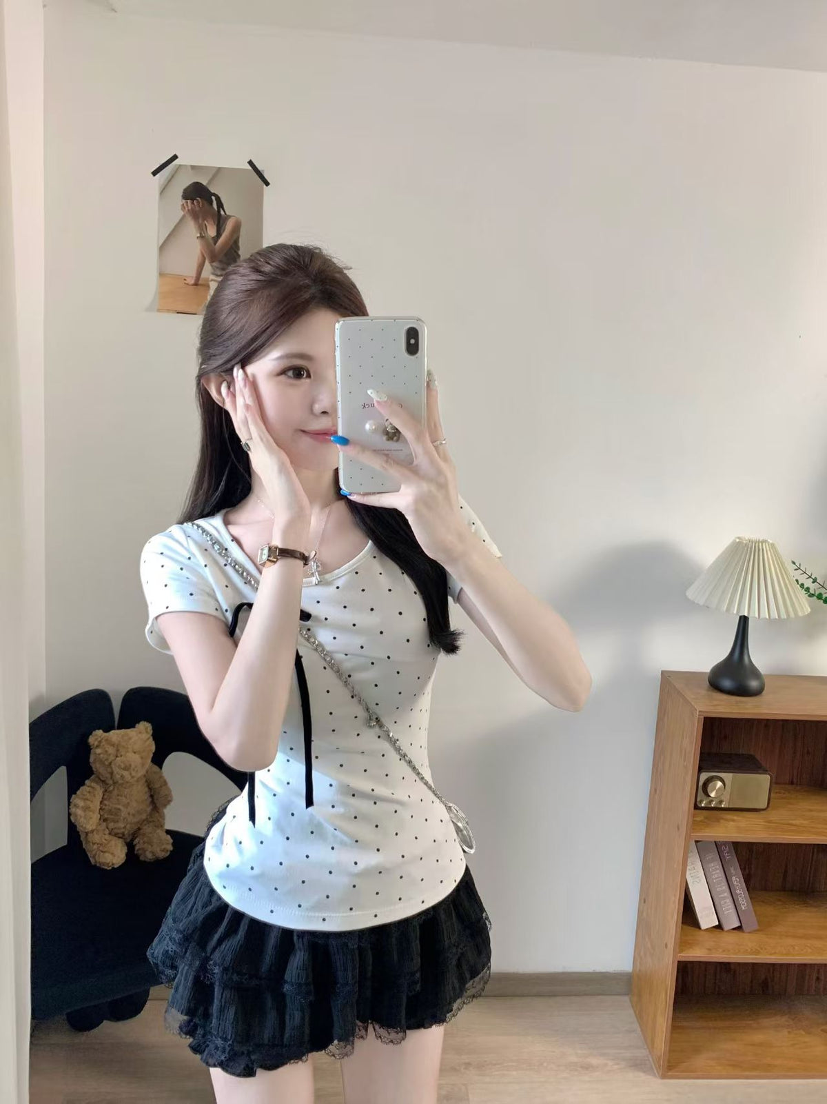 💕簡約百搭休閒帶胸墊蝴蝶結點點正肩上衣