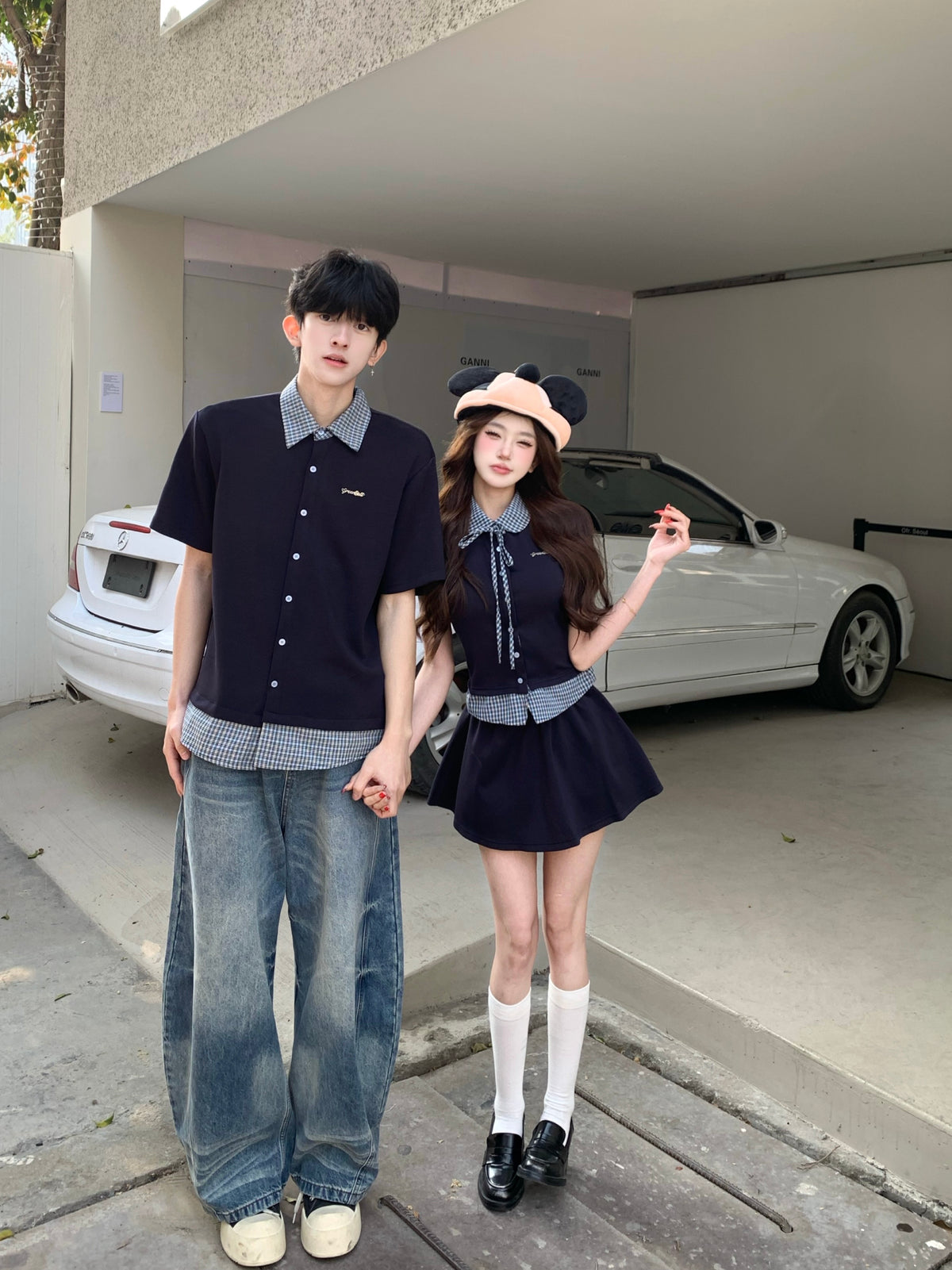 💕韓系學院風假兩件拼接翻領格子襯衫情侶裝