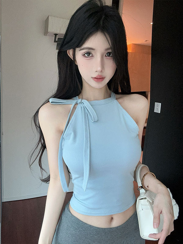 💕法式優雅飄帶蝴蝶結短版上衣