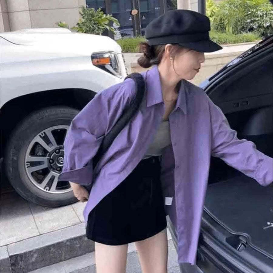 💕高級感溫柔韓系chic紫色襯衫外搭上衣