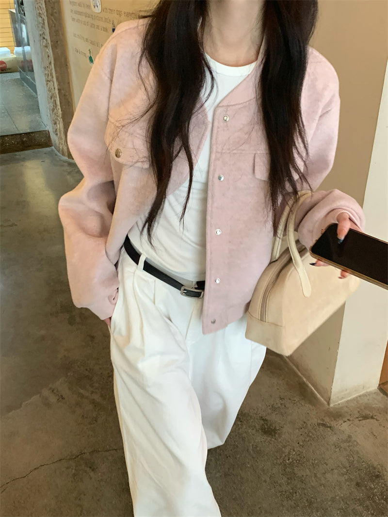 💕韓系通勤粉色棒球短款毛呢外套