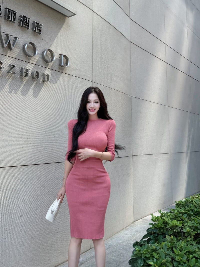 💕溫柔優雅氣質中袖修身包臀中長針織裙