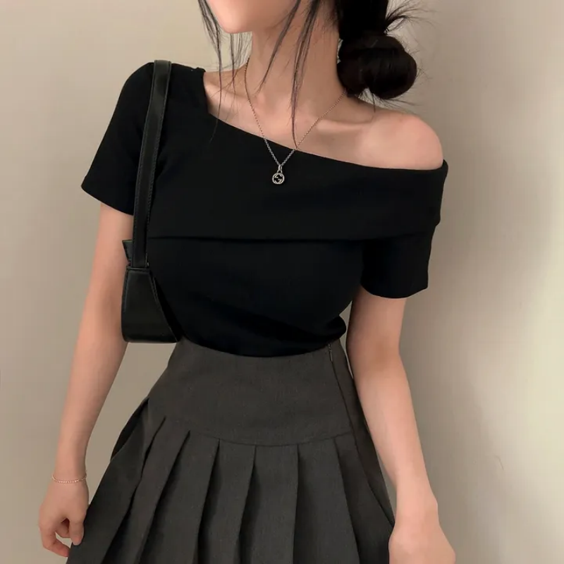 💕韓系chic修身氣質顯瘦斜肩上衣