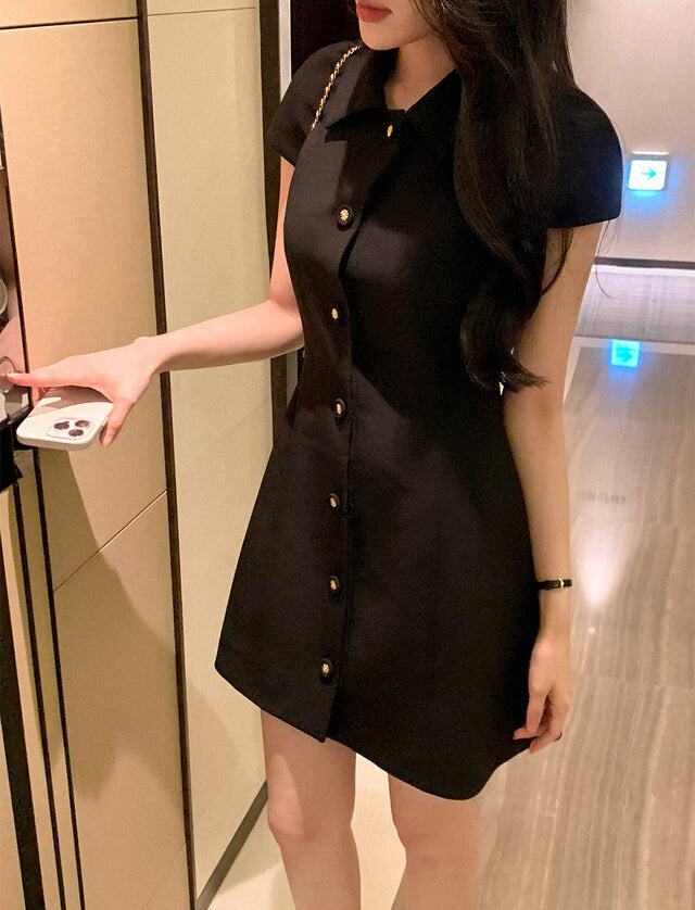 💕韓系氣質小香風翻領收腰小黑裙
