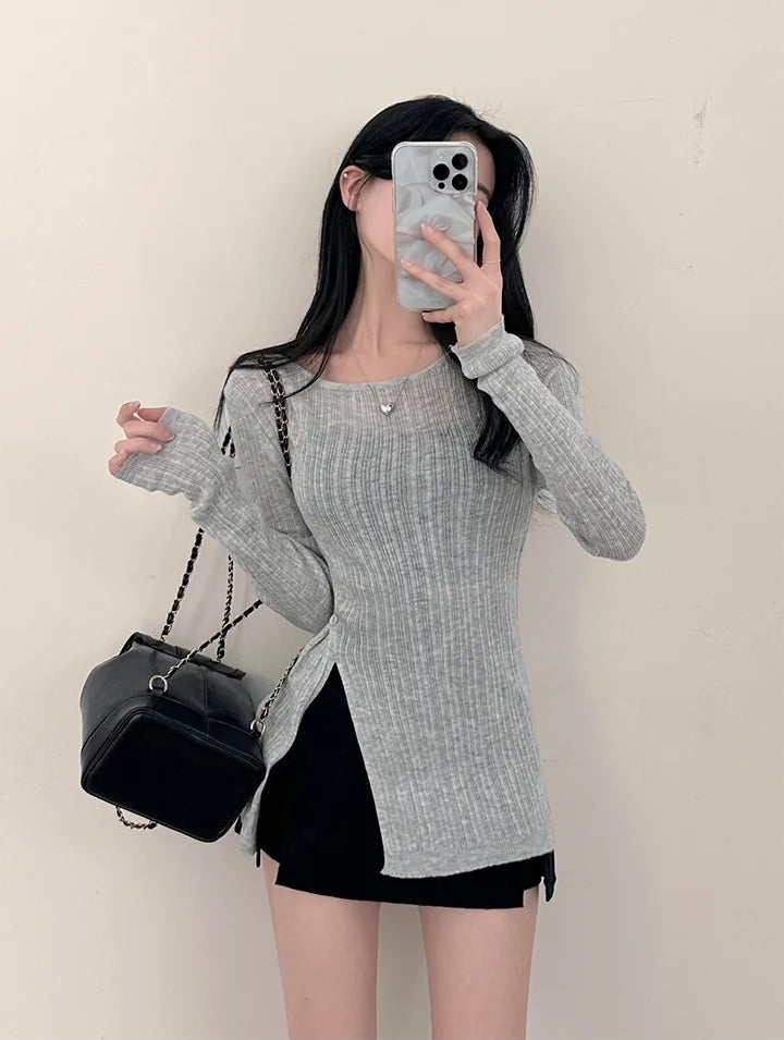 💕韓系春秋顯瘦設計感收腰開衩長袖上衣