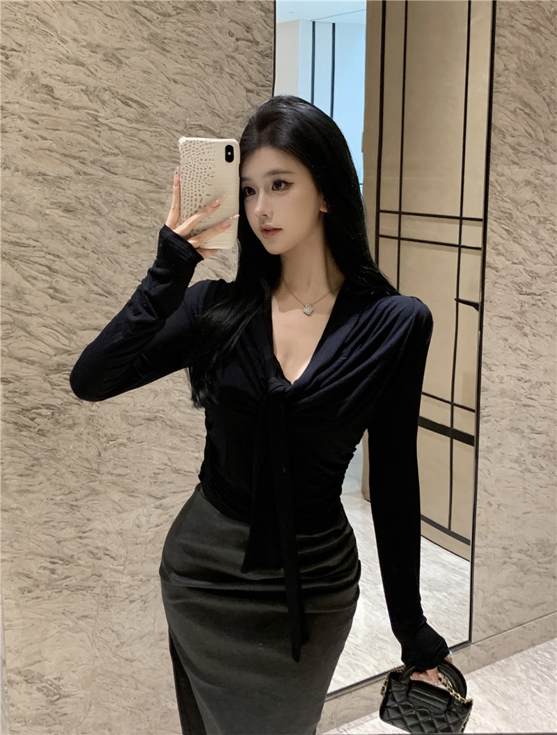 💕韓系設計感褶皺盪領飄帶長袖打底衣