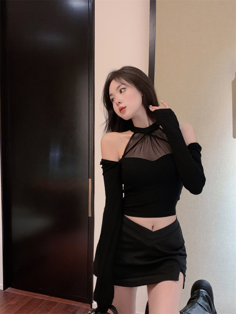 💕網紗拼接露肩長袖顯瘦上衣